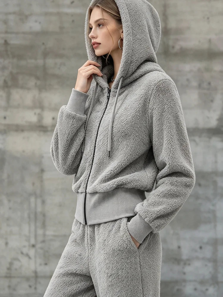 Women Two Piece Set Fuzzy Hooded Zip Up Jacket Loose Pants Suit Casual Warm Sporty Sweatsuit Loungewear Streetwear