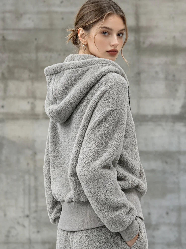 Women Two Piece Set Fuzzy Hooded Zip Up Jacket Loose Pants Suit Casual Warm Sporty Sweatsuit Loungewear Streetwear