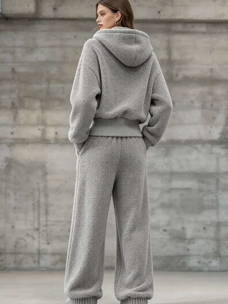 Women Two Piece Set Fuzzy Hooded Zip Up Jacket Loose Pants Suit Casual Warm Sporty Sweatsuit Loungewear Streetwear