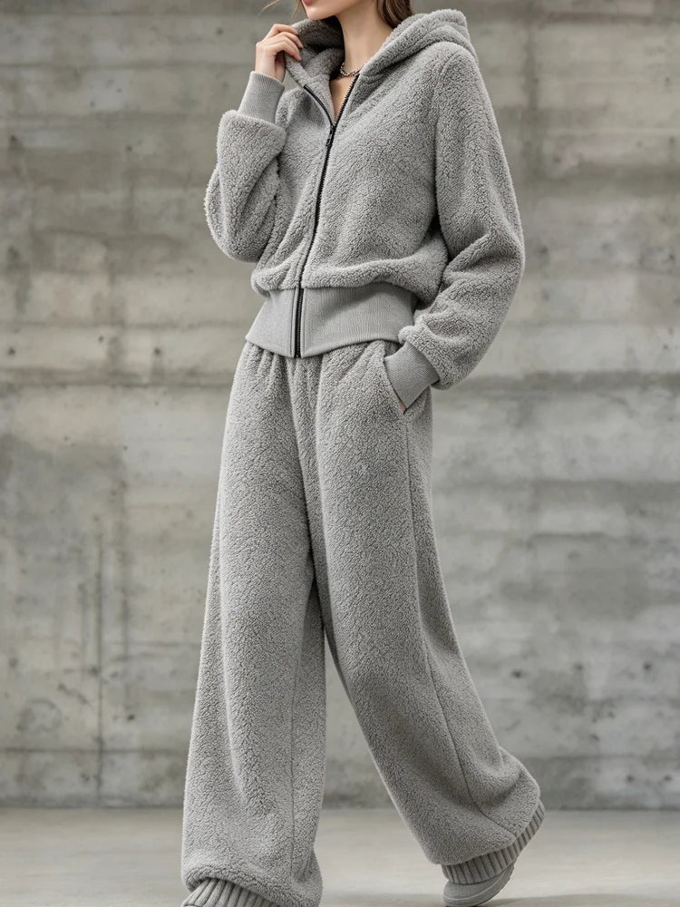 Women Two Piece Set Fuzzy Hooded Zip Up Jacket Loose Pants Suit Casual Warm Sporty Sweatsuit Loungewear Streetwear
