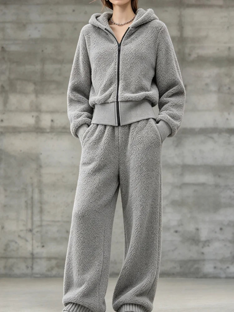 Women Two Piece Set Fuzzy Hooded Zip Up Jacket Loose Pants Suit Casual Warm Sporty Sweatsuit Loungewear Streetwear