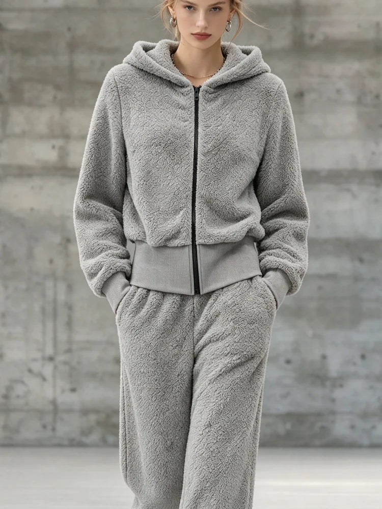 Women Two Piece Set Fuzzy Hooded Zip Up Jacket Loose Pants Suit Casual Warm Sporty Sweatsuit Loungewear Streetwear